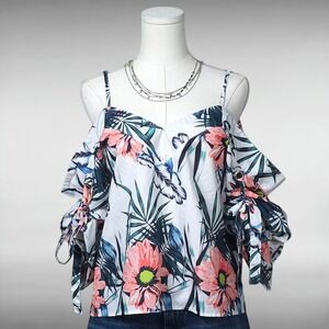 Tropical Cold Shoulder Top S Floral Ruffle Ruched Coastal Resort Vacation